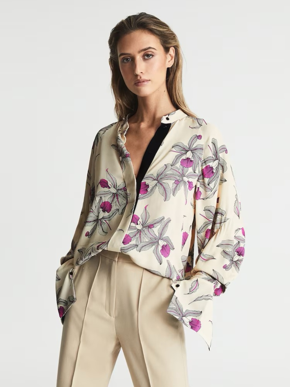Reiss Tilly Orchid Print Floral Blouse Neutral Pink Size US 4 NWT